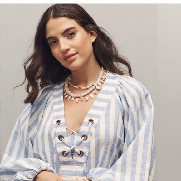 NWT Anthropologie Striped Linen Dolman Lace-Up Blue and White Women's Top - Med - Picture 3 of 14